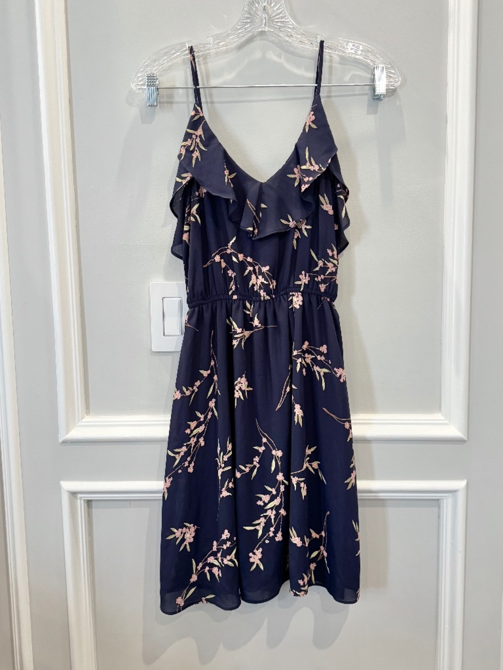 AQUA Navy Blue Floral Ruffle Dress Pink Cherry Blossom Coquette Romantic XS
